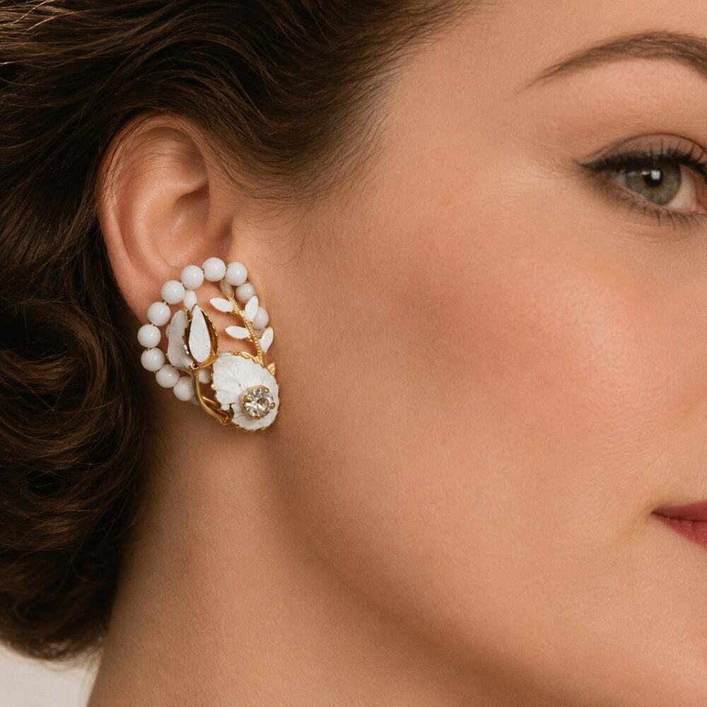 Vintage AUSTRIA White Enamel Floral Spray Clip Earrings Rhinestones 1950s